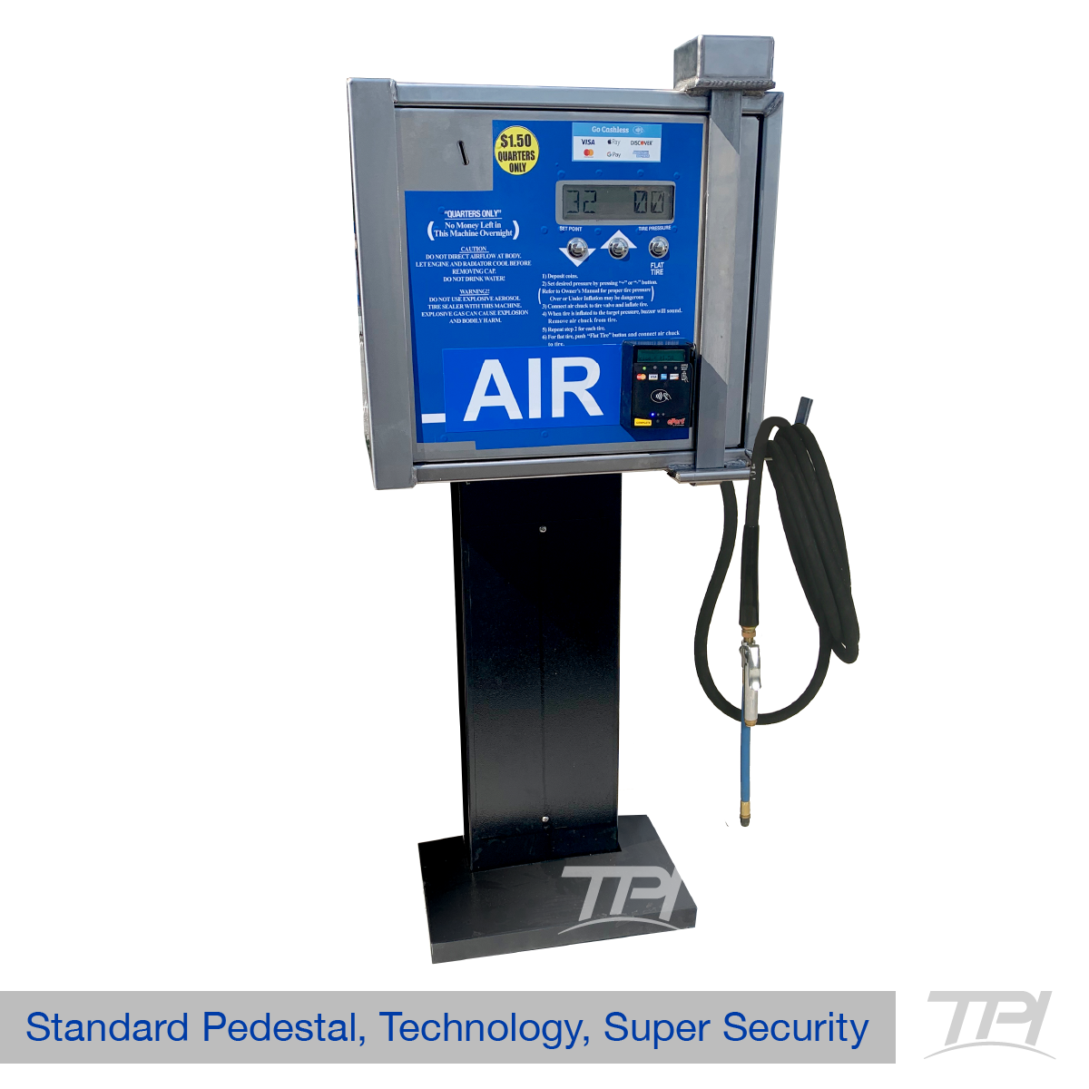 TPI standalone air vending pedestal with digital pressure display and hose
